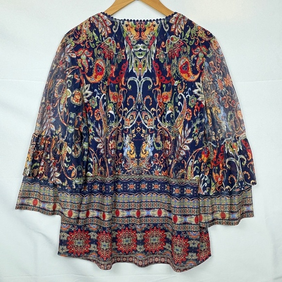 Reba Womens Long Bell Sleeve Peasant Tunic Blouse Sz L Boho Southwestern Lined - Picture 7 of 15